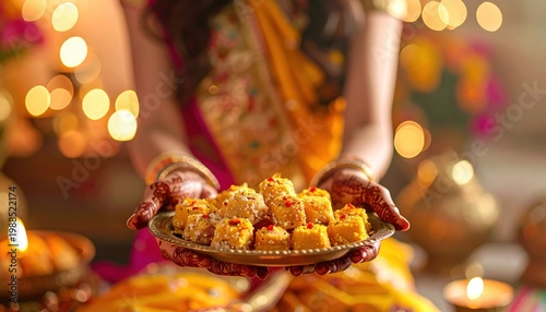 Woman's intricate henna hands hold traditional Indian sweets on a decorative plate