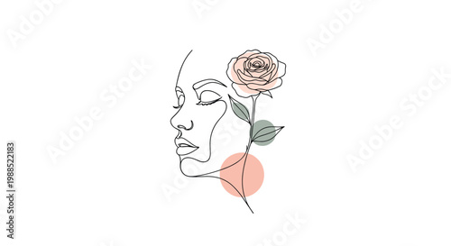 Minimalist one line drawing of a woman in profile with a single delicate pink rose flower incorporated into her hair on white background.
