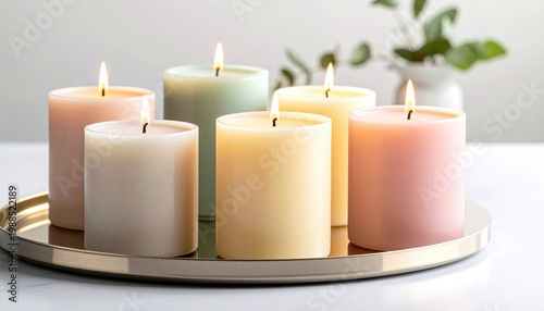 A collection of lit scented pillar candles in varying pastel colors and sizes, arranged on a decorative tray, creating a warm and inviting ambiance.