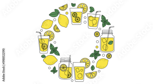 Refreshing wreath design composed of cold lemonade glasses with straws fresh whole lemons and mint leaves for summer beverage promotion.
