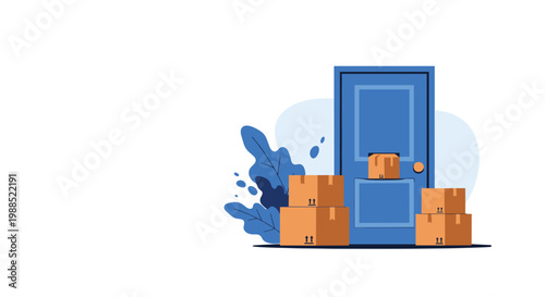 Several cardboard delivery boxes stacked on ground in front of a blue residential door waiting for recipient to pick them up from porch.