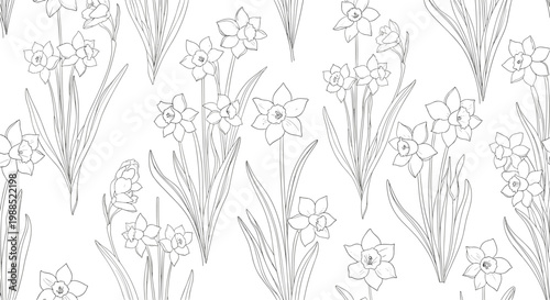 Seamless botanical pattern features hand drawn narcissus or daffodil flowers with long leaves in a clean black and white line art style.