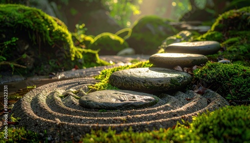Zen Garden Path of Smooth River Stones Amidst Lush Greenery and Sunlight