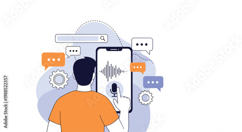 Person using a smartphone for voice recognition and artificial intelligence with speech bubbles and gears representing smart technology.