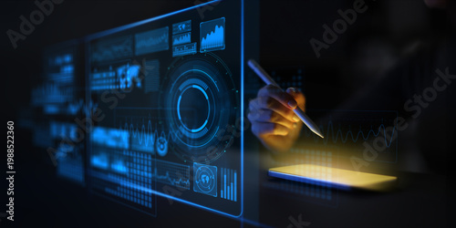 Futuristic Touchscreen Interface with Digital Data Visualization and Analytics Dashboard.