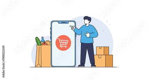 Man shopping online using a large smartphone display with grocery bags and cardboard boxes symbolizing delivery and ecommerce services.