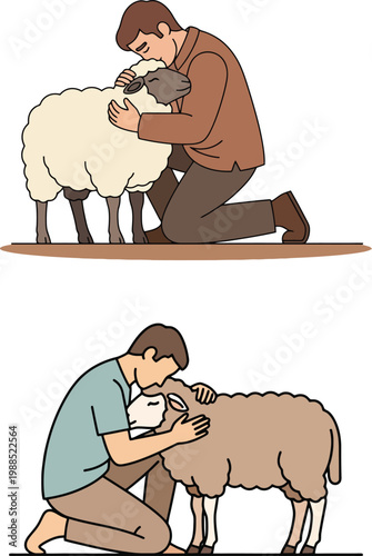 Biblical Lost Sheep Parable Shepherd Caring Vector Icons Set - Religious Christian Story Illustration