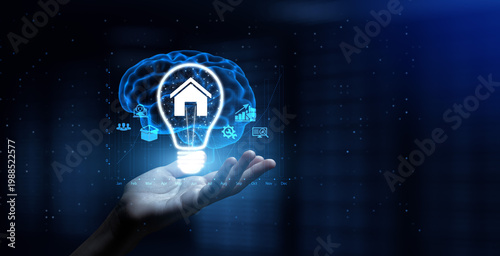 Smart Home Enhancing Living Spaces with Connected Technology and Automation with Human Hand Holding Lamp Hologram.