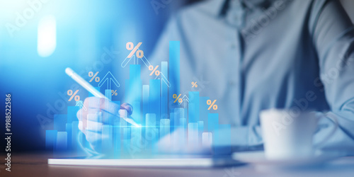Financial Growth Metrics and Percentage Analytics Projected on Virtual Screen as Wide Business and Technology Banner.