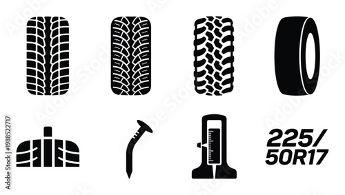 Black car tire tread patterns and pressure gauge icons set isolated on transparent background vector