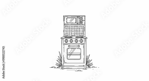 Stylized line art of a retro kitchen stove and microwave combination unit