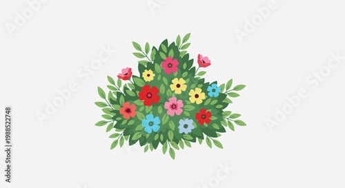 A green bush with colorful flowers in red, yellow, pink, and blue