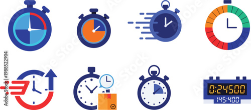 Time and stopwatch icons set with clocks countdown timers speed performance scheduling and deadline tracking elements design