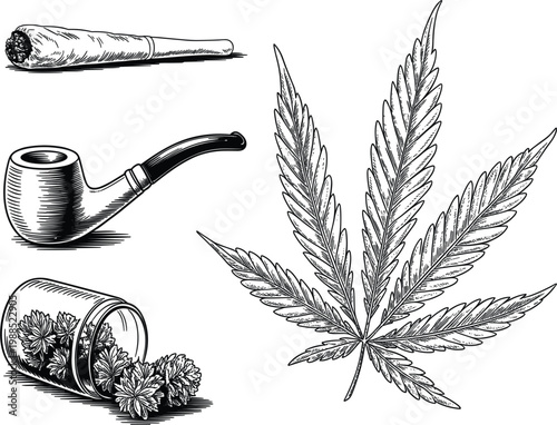 Hand drawn cannabis leaf and smoking accessory set with wooden pipe joint and glass jar for medical marijuana and herbal culture vector