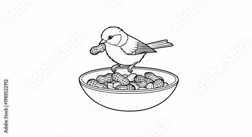 A bird perched on a bowl full of peanuts, holding one in its beak
