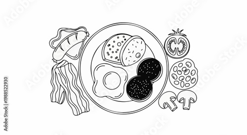A black and white line drawing of a full breakfast plate with accompaniments