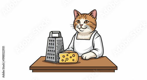 Anthropomorphic cat in chef's attire prepares to grate cheese on a wooden table