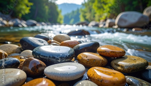 Smooth River Stones With Water Ripples Flowing Beside a Lush Forest Landscape
