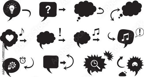 Black silhouettes of speech bubbles with various icons and emotive symbols
