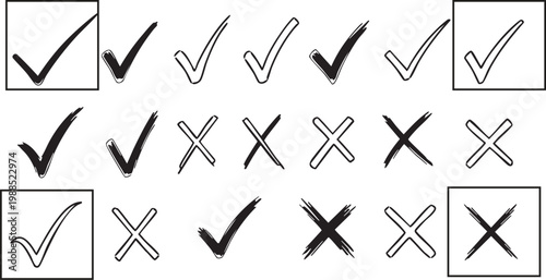 Collection of hand drawn check marks and crosses in black and white