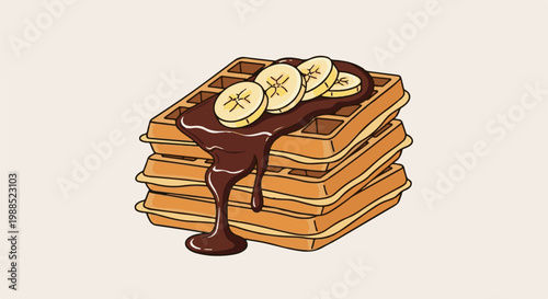 Stacked waffles drizzled with chocolate and topped with banana slices