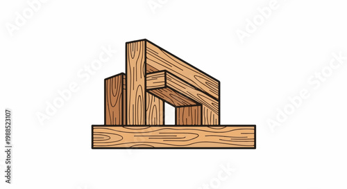 Wooden structural beams arranged in an abstract, layered composition