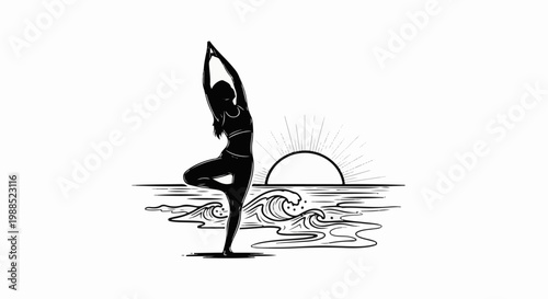 Silhouette of a person practicing yoga on a beach at sunrise with ocean waves
