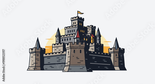 Medieval castle with flag and warm sunset, pixelated art style