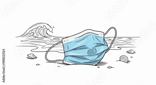 Blue face mask on a sandy beach with a crashing wave and shells