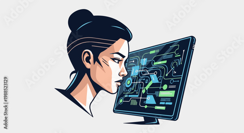 Woman's profile observing a complex digital data display on a computer screen