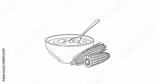 Line art of a bowl of soup with a spoon and two ears of corn