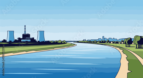 Industrial power plant and city skyline on a calm river