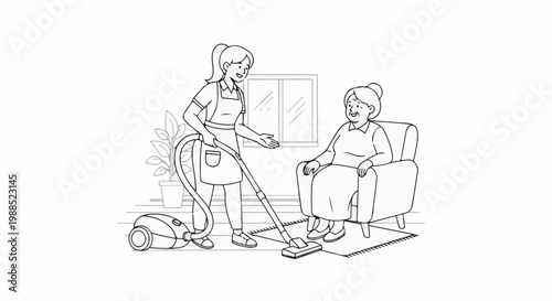 Young woman vacuums while elder sits