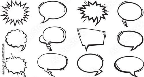 Collection of hand drawn comic book speech bubbles and explosion effects