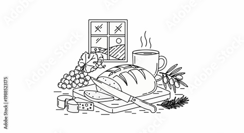 Rustic breakfast spread with bread, cheese, grapes, olives, and hot drink