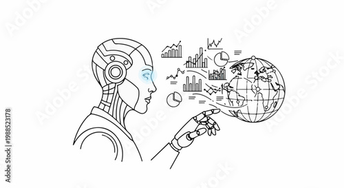 Robot interacting with global data and graphs on a white background