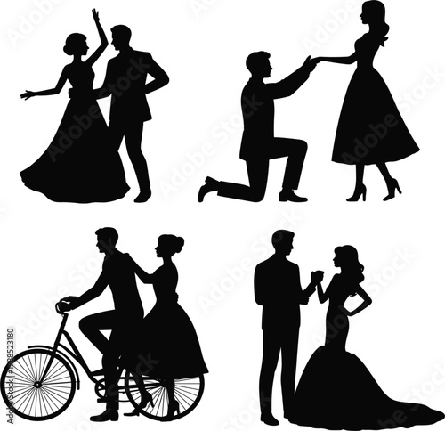 Romantic couple silhouette set with man proposing on knee and bride and groom dancing for wedding and engagement celebration vector