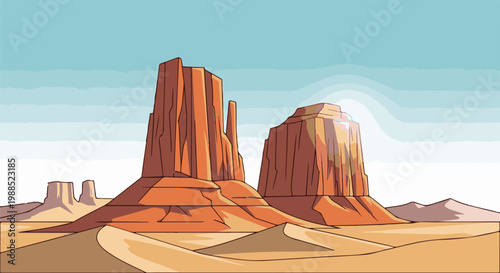 Iconic desert buttes stand tall under a hazy, light blue sky