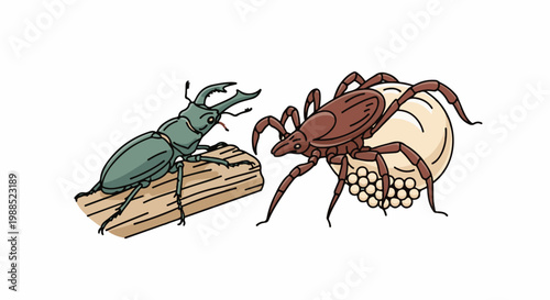 Cartoon drawing of a stag beetle and a tick with its eggs