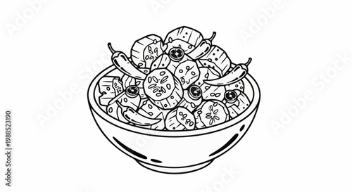Line art illustration of a bowl filled with sliced vegetables and peppers