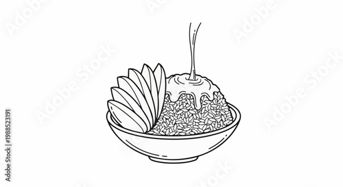 Bowl of textured grains topped with drizzles and fanned fruit slices