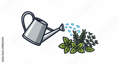 Cartoon watering can pouring water onto fresh green herb plants for growth