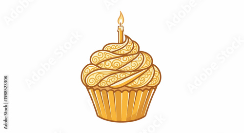 Ornate golden cupcake with a lit candle on top