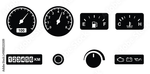 Car dashboard gauges and warning lights icons for vehicle instrumentation and controls