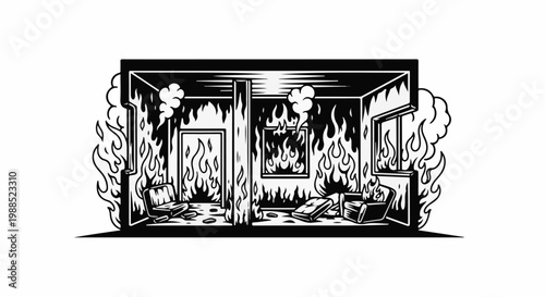 Interior of a room engulfed in flames, furniture burning