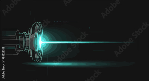 Futuristic device emitting a bright turquoise beam against dark background