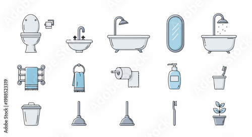 Collection of illustrated bathroom hygiene and cleaning items
