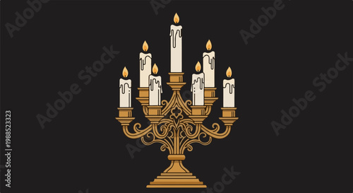 Ornate golden candelabra with seven lit candles against a dark background