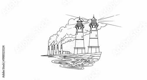 Industrial pollution from factories chokes waterways and obscures lighthouses