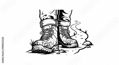 Feet with muddy boots on a winding path and rocks